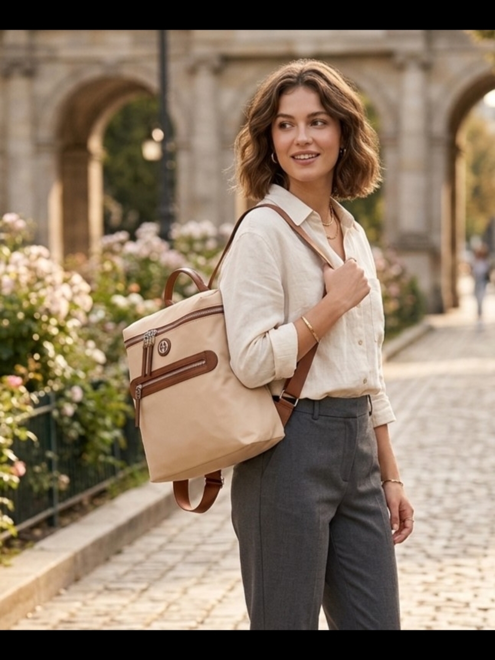 Giani Bernini Beige Nylon Backpack with Brown Trim